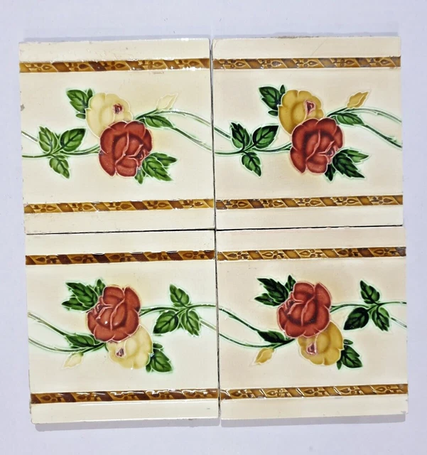 4 piece x VINTAGE MAJOLICA TILE Japan - RED & YELLOW ROSE (1550)