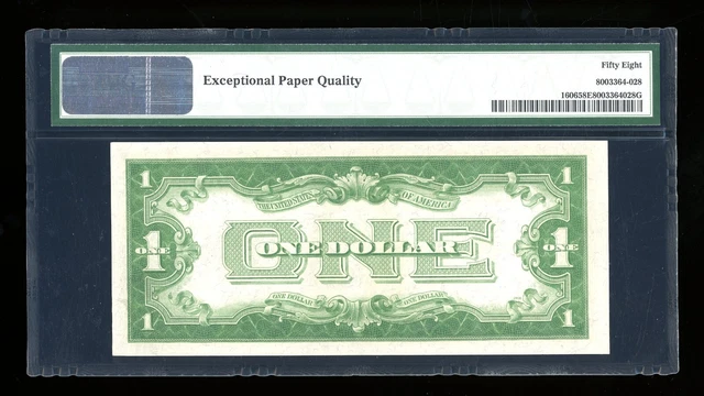 DBR 1934 $1 Silver Funnyback Fr. 1606 DA Block PMG 58 EPQ Serial D83969763A 2