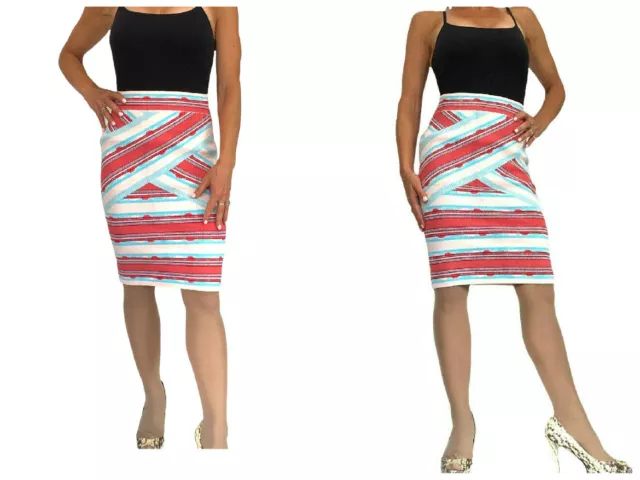 Bcbg Max Azria Pavel Fitted Pencil Bodycon Aztec Red White  Blue Skirt S  ❤️