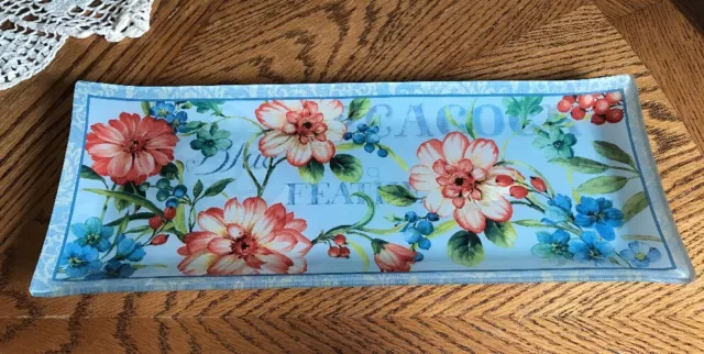 Prima Designs  Tiffany Floral  15"  x 6" Serving Tray Platter Wall Decor Blue