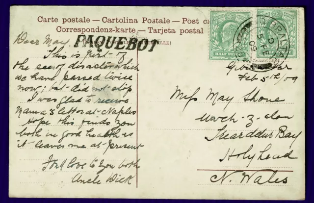 1909 Postcard - Messina Earthquake Damage - Unlisted Gibraltar Type Paquebot ?