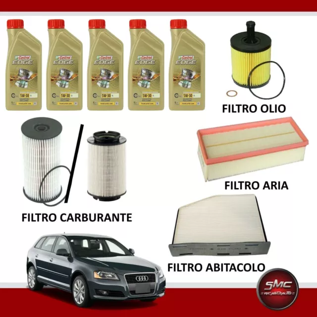 Kit Tagliando 4 Filtri Vari + 5 Lt Di Olio Castrol Edge 5W30 Per Audi A3 2.0 Tdi