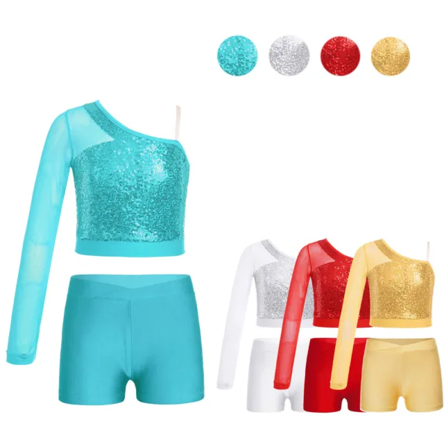 Kids Girls Top And Shorts Sheer Dancewear Gym Activewear Dress Costume Outfits