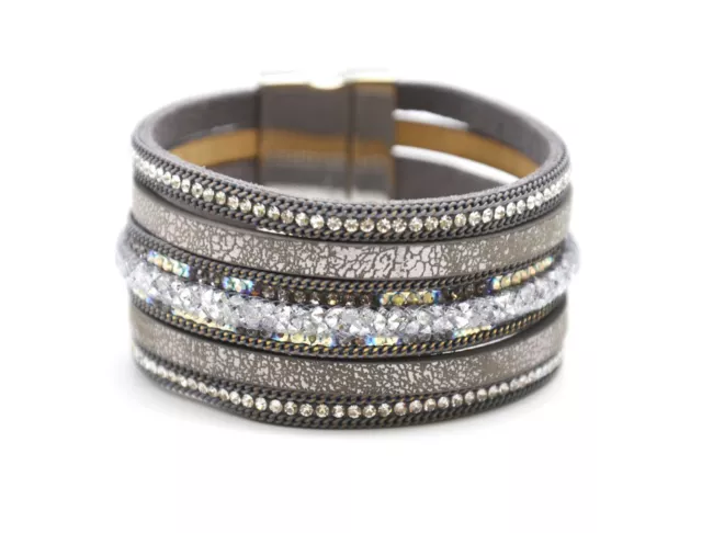 BC1968F - Bracelet Manchette Multi-Rangs Simili Cuir, Chaînes, Strass et Tube...