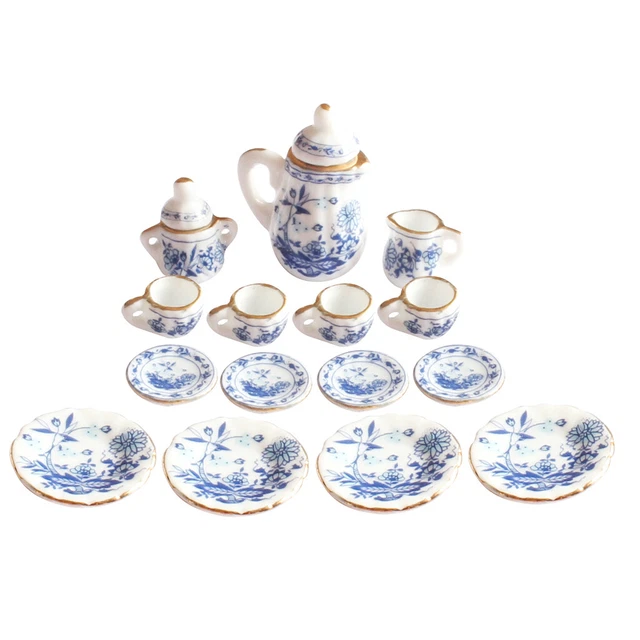 MagiDeal 15 Peices Puppenhaus Miniatur Esszimmer Ware Porzellan Tee Set Blau