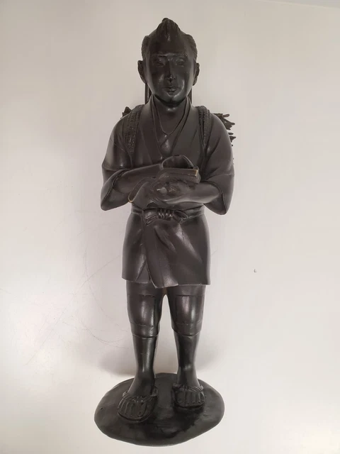 Antique Japanese Bronze Okimono Figure. Man w/ Bundle of Sticks Reading, Signed