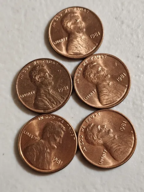 1981 1C Lincoln Cent/Penny US Lot Of 5 Coins Free Shipping