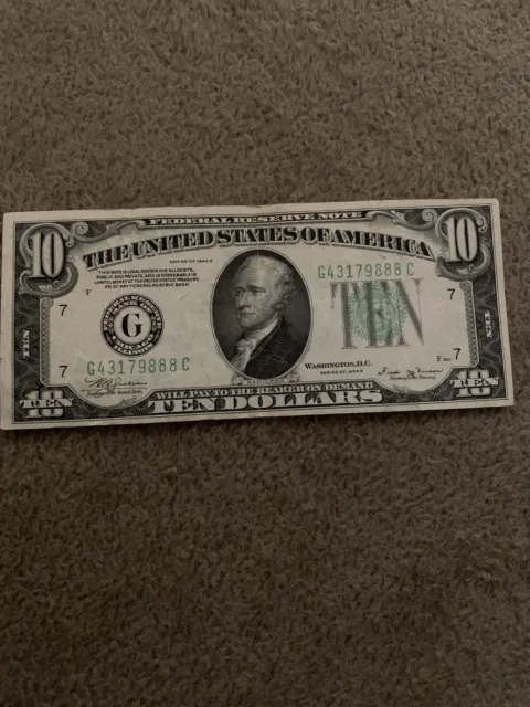 1934 B USA 10 Dollar  Federal Reserve Note US Banknote Bill, GREEN Seal