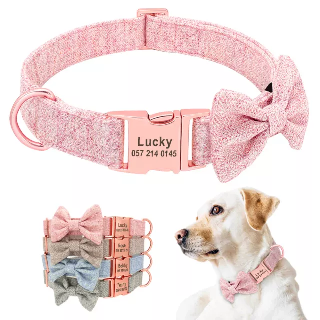 Personalised Nylon Dog Collar with Tweed Bow Tie Custom Name Buckle Adjustable