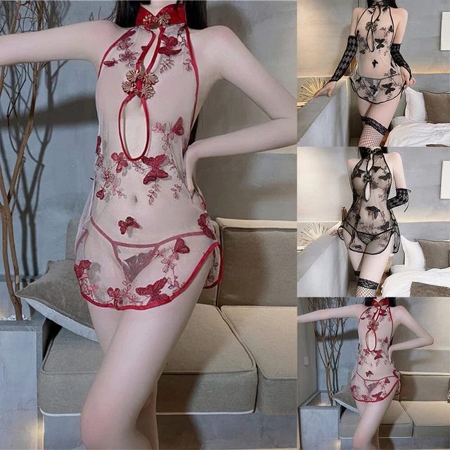 Robe slips transparents femmes sexy cheongsam robe de nuit sous-vêtements club