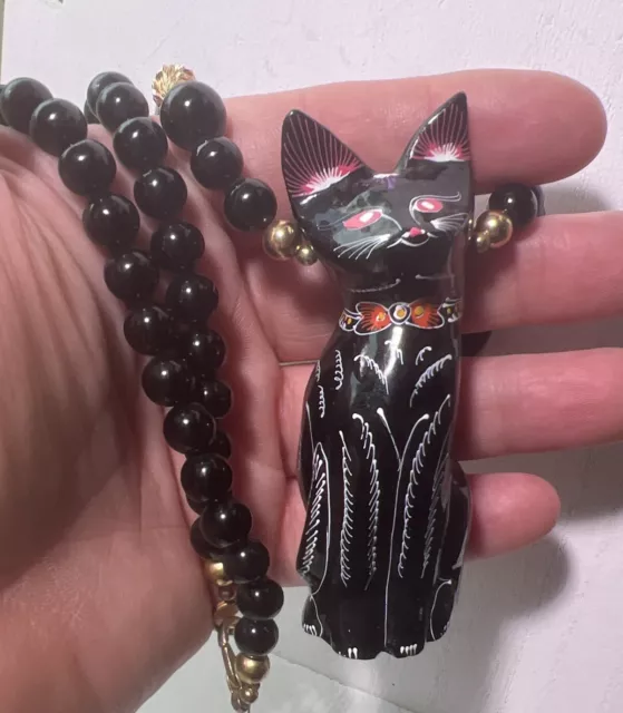 Vintage Black Glass Beaded Necklace With Egyptian Cat Pendant Wooden