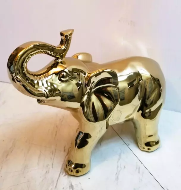 Elephant Statue Brass Colored Ceramic Classic Large Elephant,  Trunk Over Head