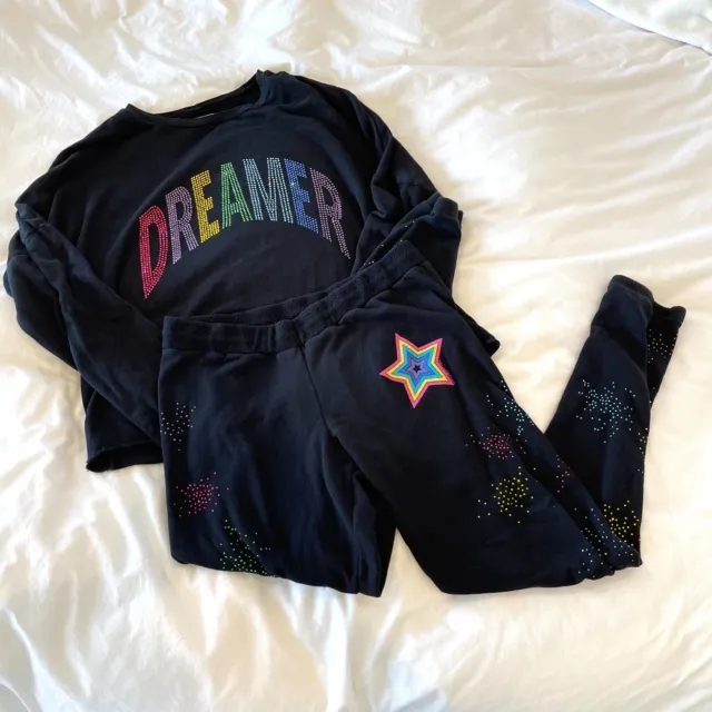 Lauren Moshi Rainbow Rhinestone Dreamer Sweatshirt and Sweatpants Set Size S/M