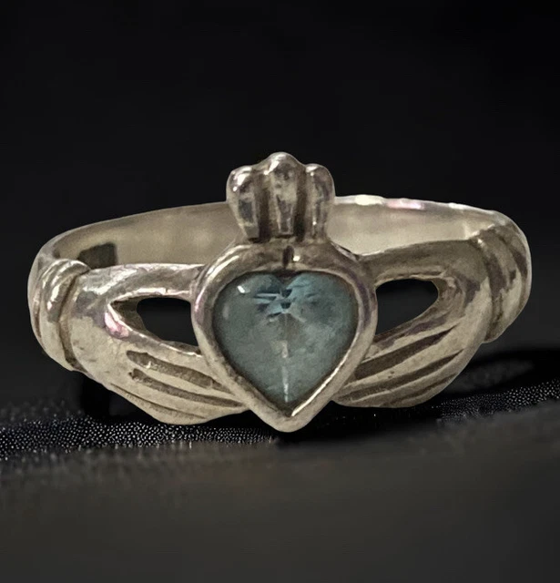 VINTAGE Sterling Silver 925 Aquamarine Claddaugh Ring Size 5.75