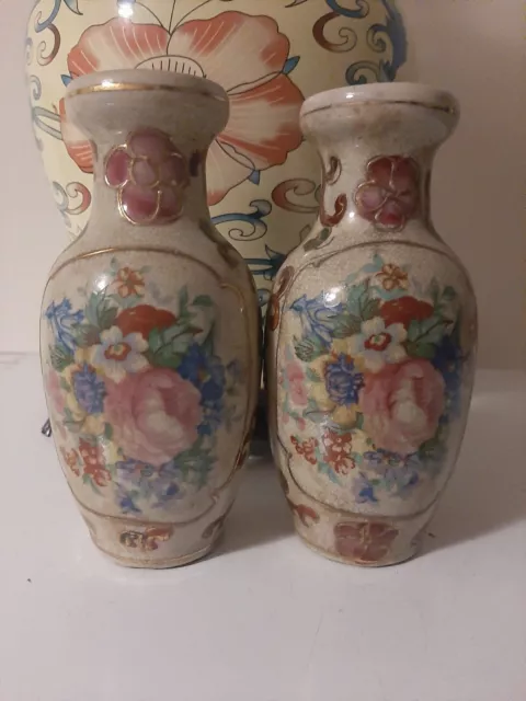 2 Chinese 6 Characters Marked Floral Pattern 6" Crackle Glazed Porcelain Vases