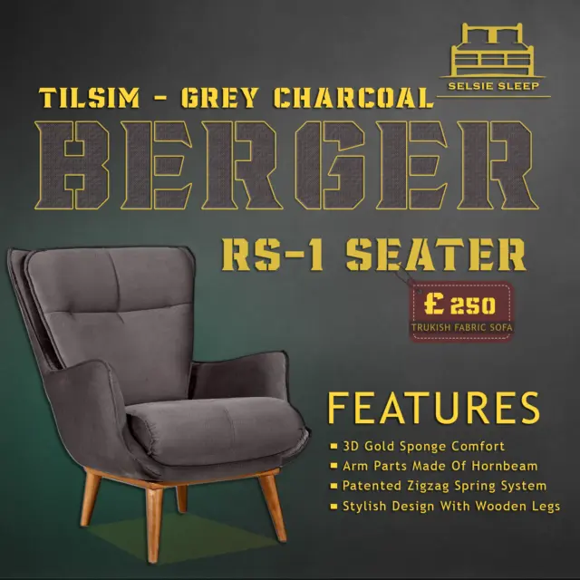 Tilsim Berger Grey Charcoal 1 Seater sofa Chair Cozy Living Space Turkey Made