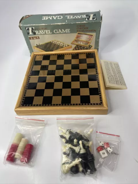 Magnetic travel game 3 in 1 chess checkers backgammon Vintage 8”x8” Clean