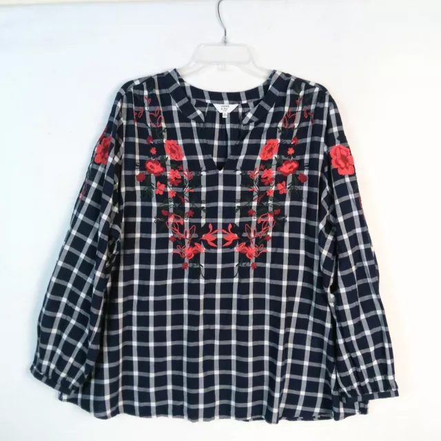 Crown & Ivy Floral Embroidered Peasant Top Size 3X Blue Plaid Long Sleeve V-Neck