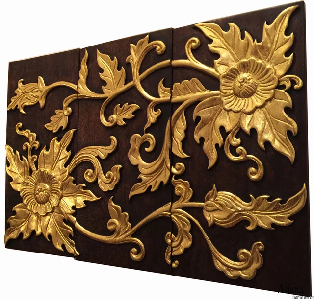 TROPICAL WOOD CARVED Wall Panels. Asian Flower Relief Wood Wall Decor