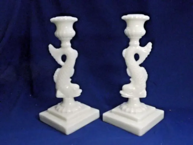 Antique Pair Imperial 9 inch Milk Glass Koi Fish/Dolphin Candlesticks