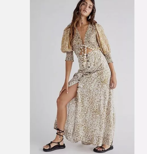 Free People String Of Hearts Maxi Dress XSmall Sand Animal Print New $188