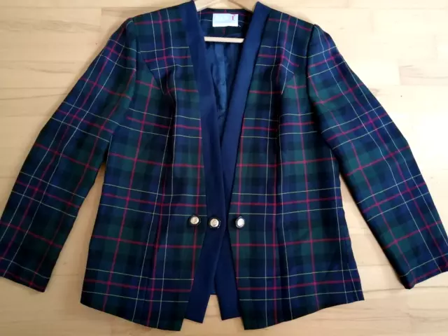 Vintage LADY F Size 16 Blue Red Green Tartan Wool Blend Jacket Fab Buttons 80's