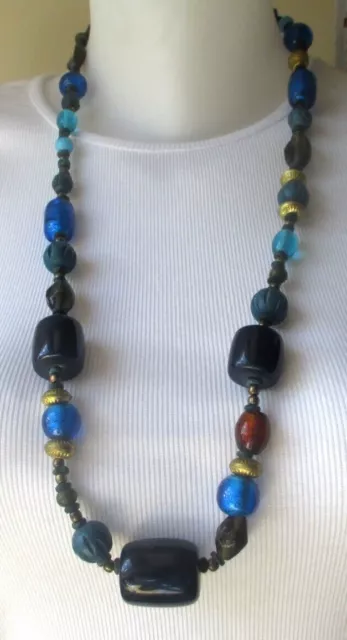 Ancien grand unique collier Perles Pâte de verre Bleu & Bohême bijou vintage 772
