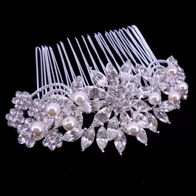 10.5cm Wide Pearl Flower Leaf Wedding Bridal Bridesmaid Prom Crystal Hair Comb