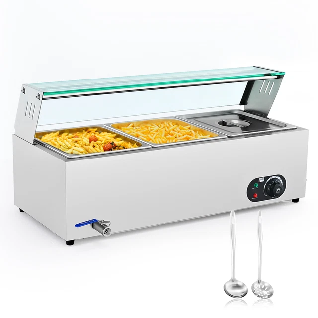 Electric Buffet Server and Warmer with 3 Stainless Steel Pans Lids Glass Shelf
