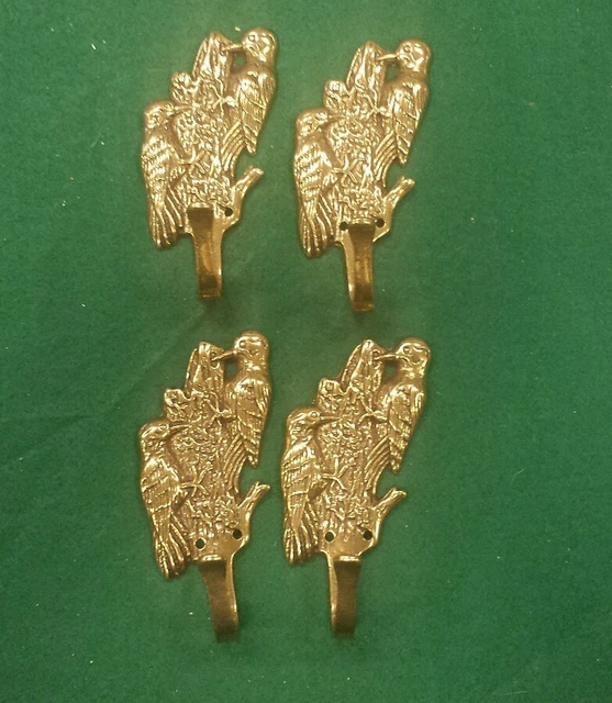 4 Woodpecker bird SOLID BRASS COAT HOOKS with brass screws