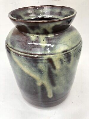 9" Glazed Pottery Terra Cotta Rounded Vase w/ Green Glaze