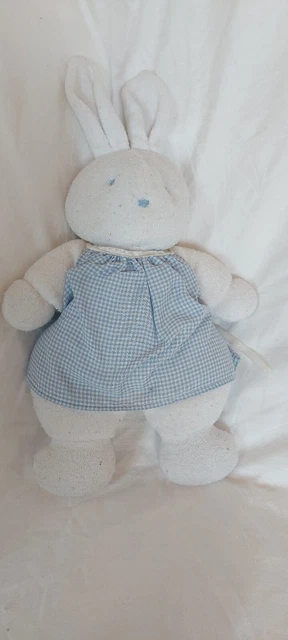 Doudou peluche lapin blanc éponge Blouse Vichy Bleu KLORANE ancien modèle tbé