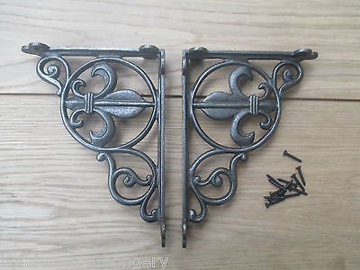PAIR OF FLEUR DE LYS  antique Vintage victorian style cast iron shelf brackets 3