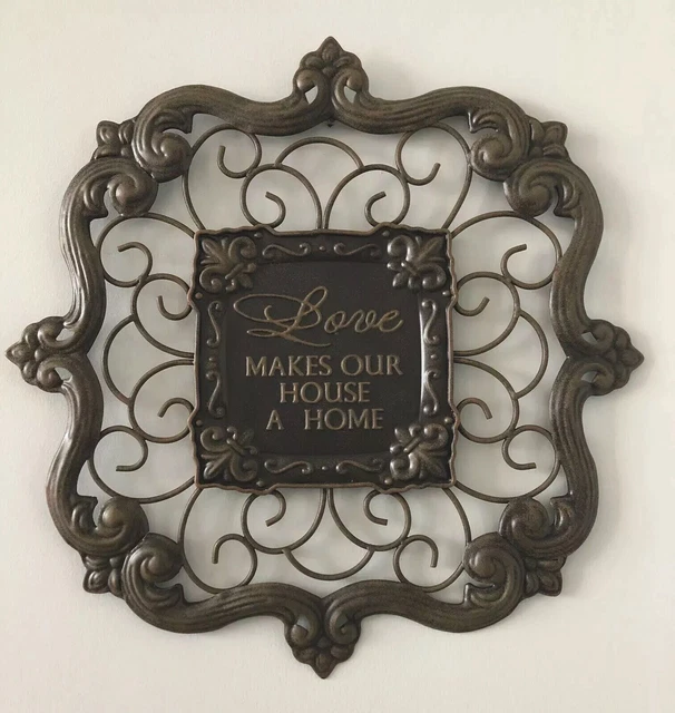 New Metal Tuscan Fleur de Lis Wall Art  Plaque Picture Love Makes Our House Home