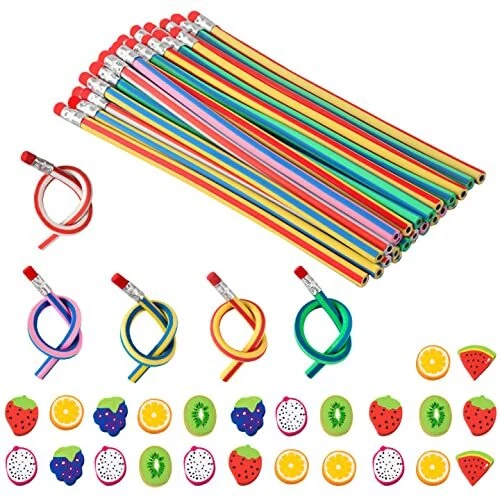 Kit de 25Pcs Crayon Flexible + 24Pcs Gommes à fruits Crayons Pliable Rigolos ...