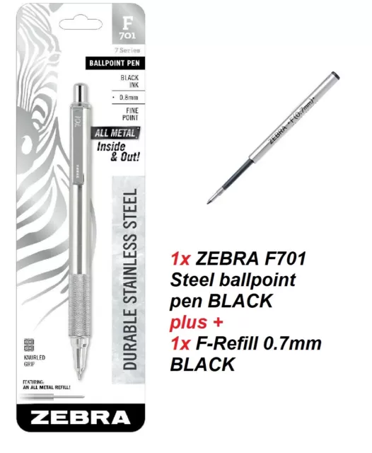 ZEBRA F701 Stainless Steel Retractable Ballpoint Ink 0.7mm BLACK + 1x F-REFILL