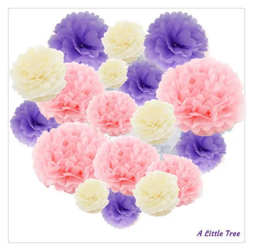 Tissue Paper  Pom Poms Pompoms Fluffy Party Decorations (Lilac+Pink+Ivory)
