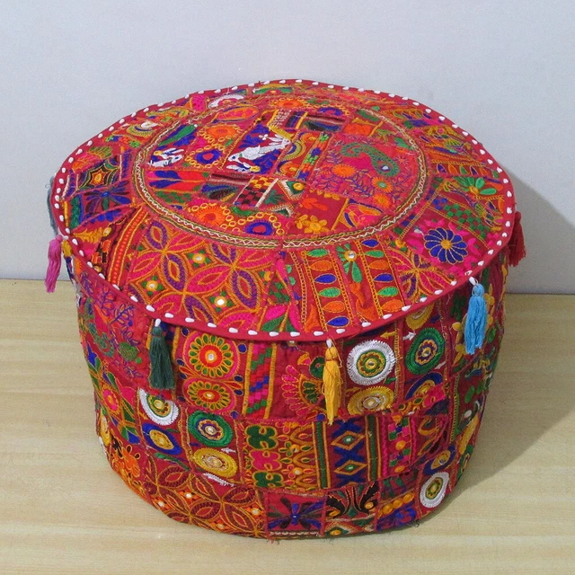 Copertura pouf rotonda patchwork, copripoggiapiedi multicolore ricamati patchwork