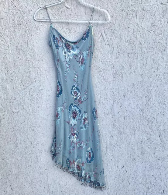 Vintage 90s Y2K Betsey Johnson Floral Asymmetrical Beaded Silk Slip Dress Sz 4