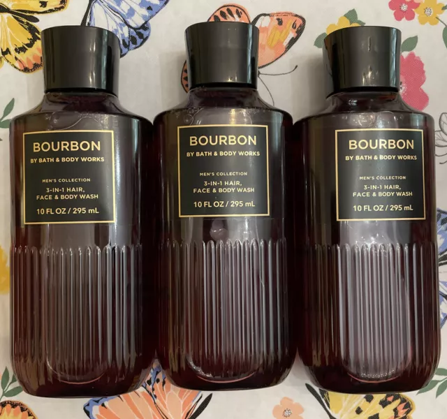 Lot 3 Bath & Body Works Men's BOURBON 3-1 Hair Face Body Wash Shampoo 10 Oz NEW