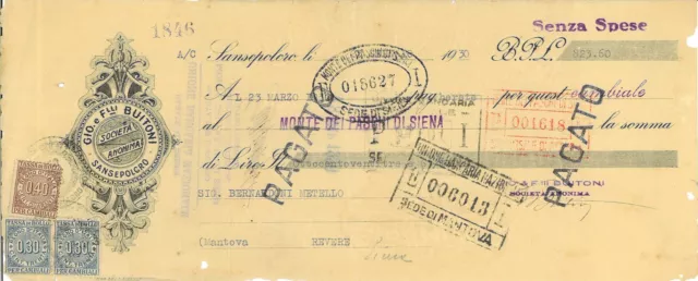 Cambiale intestata GIO. E FLLI BUITONI Soc. Anonima, Sansepolcro 1930