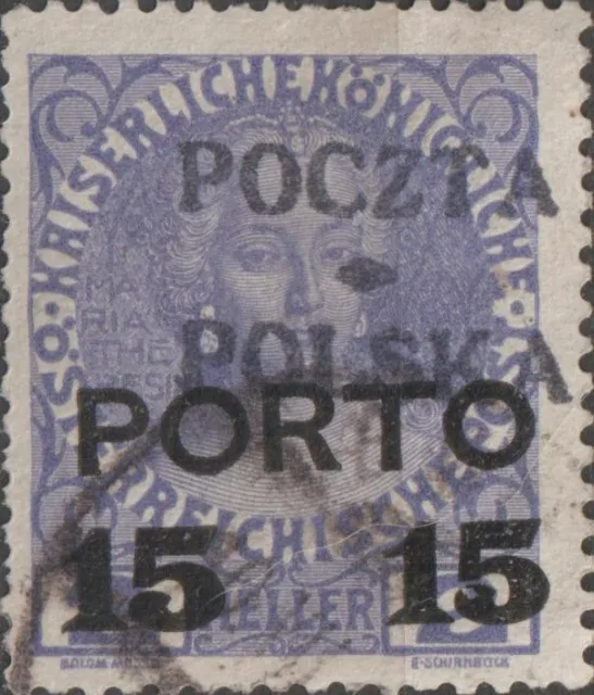 USED 1919 POLAND 15 Hel EMPRESS Stamp POLSKA POCZTA Overprint on Austrian PORTO