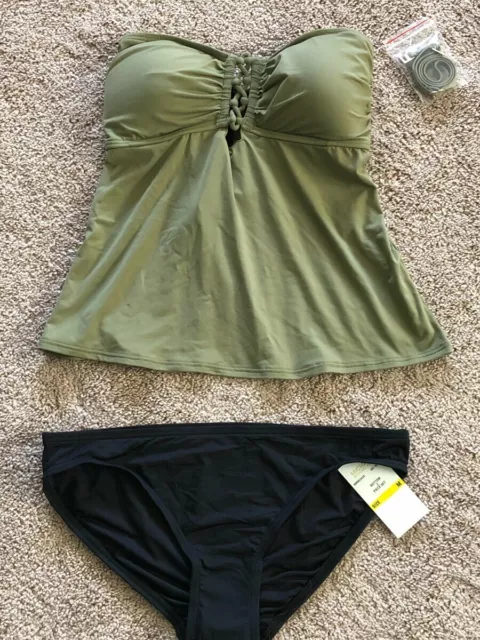 Michael Kors Tank Bandeau Tankini Swimsuit Apron Back Safari Green/Black Med Las