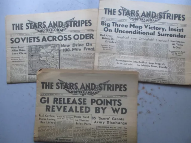 Stars and Stripes WWII Army Newspapers THREE 1945 Issues, Med Editions
