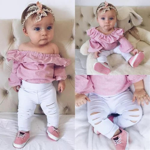 Newborn Infant Kid Baby Girl Top Romper Bodysuit Ripped Pants Outfit Clothes Set