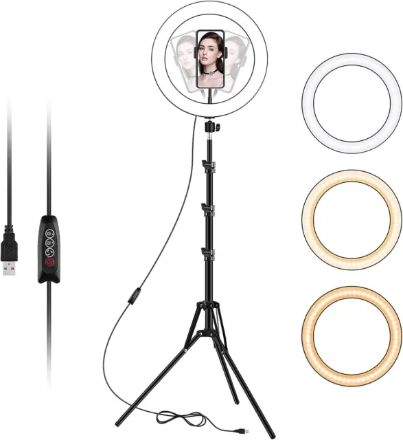 LED Ring Light, ZOMEi 10-inch Desktop Dimmable Beauty Smartphone Ring Light  with 45cm Tripod Cell Phone Holder and USB Plug for Makeup, Portrait Photo,Ring  Light