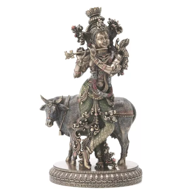 Krishna Jouer Flûte Statue Avec Kamdhenu Vache pour Maison Temple Antique Finir
