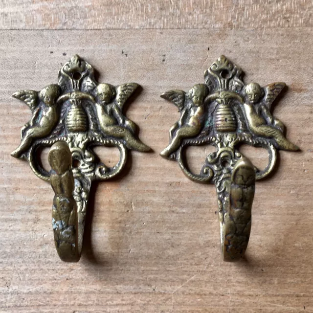 Pair Of Antique Brass Coat Hooks Victorian Vintage Cherub Putti Reclaimed Old