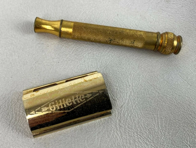 vintage GILLETTE GOLD PLATE BALL END NDC SAFETY RAZOR 1930s