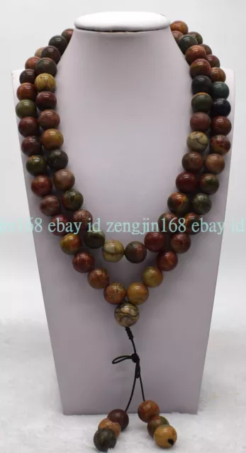 Tibet Buddhist 108 Multicolor Picassp Jasper Round Gemstone Prayer Mala Necklace